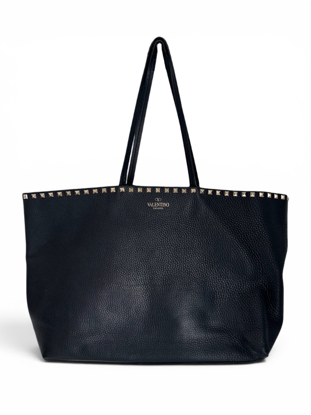 Valentino Garavani Black Leather Tote with Gold Pyramid Studs